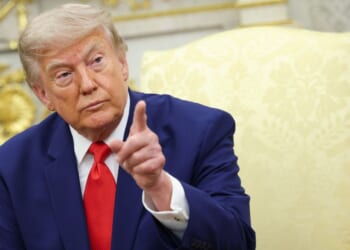 President Donald Trump points during a meeting with President of Lebanon Joseph Aoun in the Oval Office of the White House in Washington on July 21, 2026.