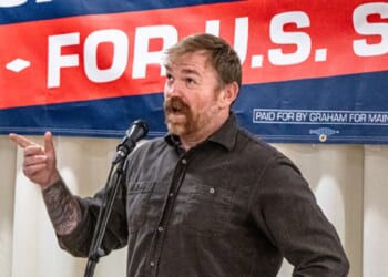 Now-former Democratic Senate candidate Graham Platner is pictured in a June 7 file campaigning for the party's nomination.