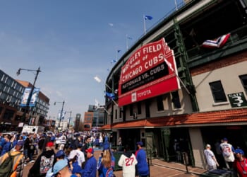 The exterior of Chicago's storied Wrigley Field is pictured in a March file photo before the Opening Day game between the Chicago Cubs and the Washington Nationals.