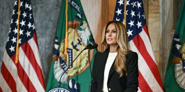 First Lady Melania Trump speaks during an event to launch "Fostering the Future Accounts," a new financial vehicle for youth in foster care, at the Treasury Building in Washington, D.C., on June 11, 2026.