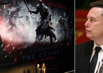 X and Tesla CEO Elon Musk, right, was critical of the casting decisions in Universal Pictures' "The Odyssey," pictured at left with Christopher Nolan and Emma Thomas during the July 14 premiere in New York City.