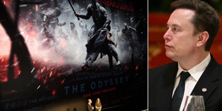 X and Tesla CEO Elon Musk, right, was critical of the casting decisions in Universal Pictures' "The Odyssey," pictured at left with Christopher Nolan and Emma Thomas during the July 14 premiere in New York City.