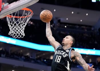 Kyle Kuzma of the Milwaukee Bucks scores a dunk during the first half of the game against the Memphis Grizzlies at Fiserv Forum on April 5, 2026, in Milwaukee, Wisconsin.