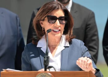 Gov. Kathy Hochul speaks during a press conference at Staten Island University Hospital Community Park on April 27, 2026, in New York City.