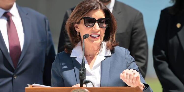 Gov. Kathy Hochul speaks during a press conference at Staten Island University Hospital Community Park on April 27, 2026, in New York City.