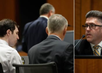 Utah Department of Public Safety agent David Hull, right, testifies during a preliminary hearing for Tyler Robinson, left, the man accused of fatally shooting Charlie Kirk on Sept. 10, 2025.