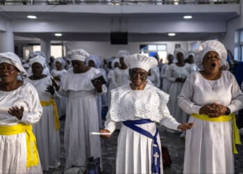 Christians worship in a church in Lagos, Nigeria on June 3, 2026.