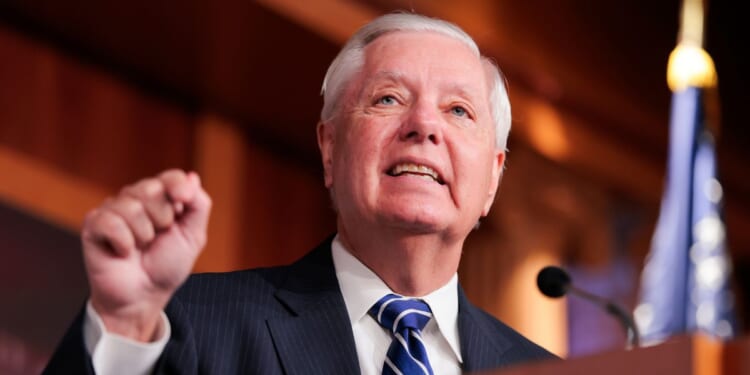 Sen. Lindsey Graham speaks during a press conference at the U.S. Capitol on April 27, 2026, in Washington, D.C.