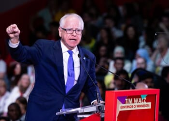 Minnesota Gov. Tim Walz speaks during the Global Progressive Mobilisation at Fira Barcelona on April 18, 2026, in Barcelona, Spain.