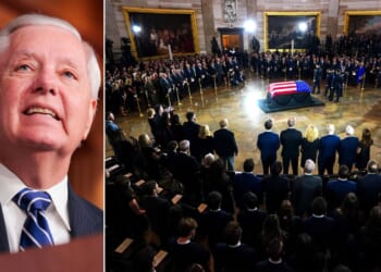 Mourners, right, surround the flag-draped casket Tuesday during a congressional tribute to the late GOP Sen. Lindsey Graham of South Carolina in the Rotunda of the U.S. Capitol in Washington, D.C.