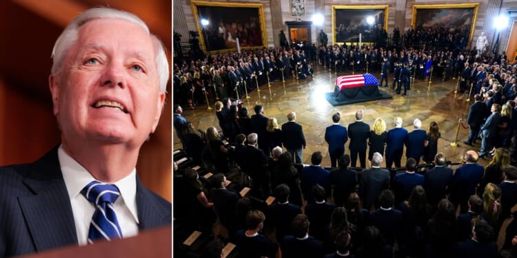 Mourners, right, surround the flag-draped casket Tuesday during a congressional tribute to the late GOP Sen. Lindsey Graham of South Carolina in the Rotunda of the U.S. Capitol in Washington, D.C.