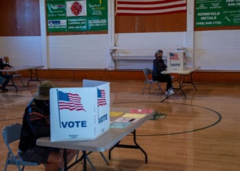 Voters inside the polling location in Elliston, Montana, on Election Day, Nov. 3, 2020.