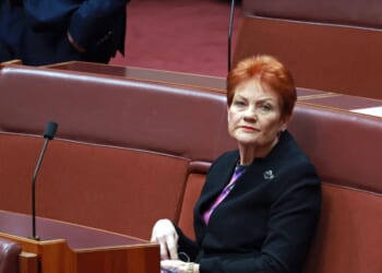 Senator and leader of the One Nation Party Pauline Hanson sits in the senate chamber in Parliament House in Canberra on June 29, 2026.