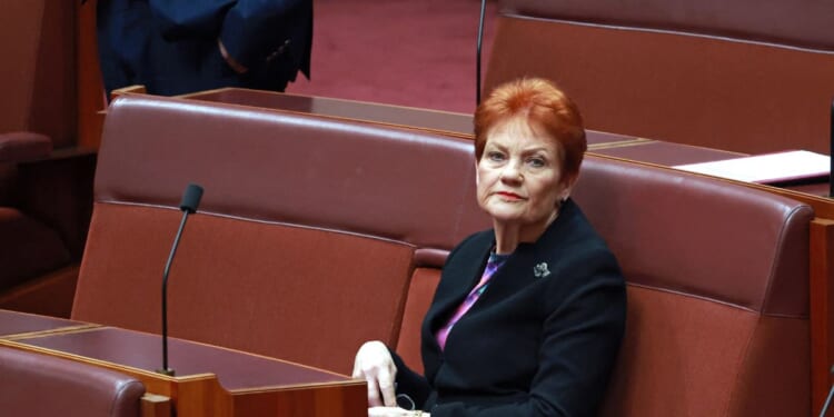 Senator and leader of the One Nation Party Pauline Hanson sits in the senate chamber in Parliament House in Canberra on June 29, 2026.