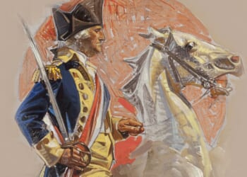 Illustration of George Washington, his sword drawn, as he rides a horse