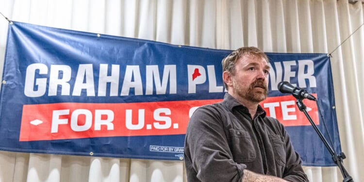 Democratic U.S. Senate candidate Graham Platner speaks to voters at a town hall at the Elks Lodge 188 on June 7, 2026, in Portland, Maine.