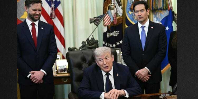 Vice President J.D. Vance, left, and Secretary of State Marco Rubio, right, listen to President Donald Trump speak during a meeting April 23 in Washington, D.C.