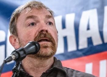 U.S. Senate candidate Graham Platner, a Maine Democrat, speaks to voters at a town hall on June 7, 2026, in Portland, Maine.
