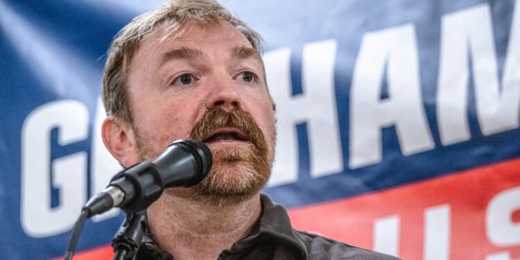 U.S. Senate candidate Graham Platner, a Maine Democrat, speaks to voters at a town hall on June 7, 2026, in Portland, Maine.