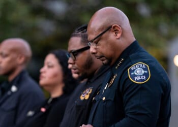 Seattle Police Chief Shon Barnes attends a vigil a day after the Bite of Seattle food festival shooting at Seattle Center on July 27, 2026, in Seattle, Washington.