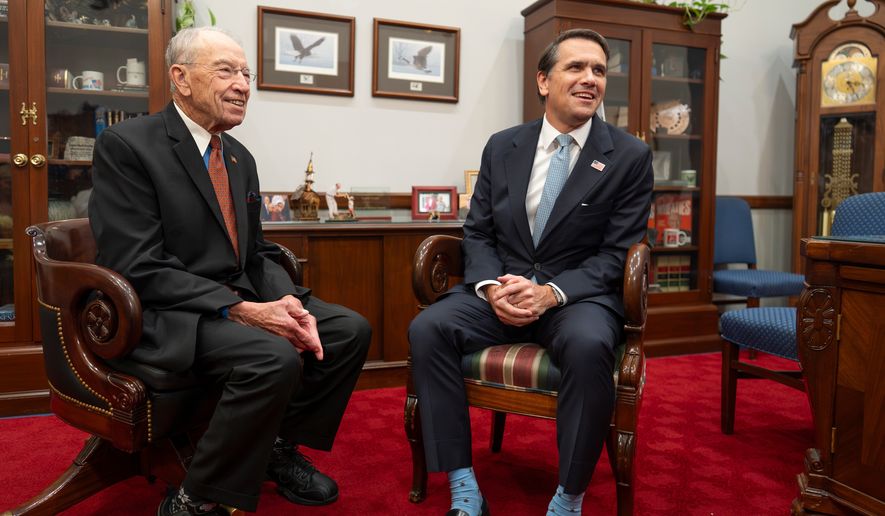 Senate Judiciary Committee Chairman Chuck Grassley, R-Iowa, left, meets with Todd Blanche, President Donald Trump's nominee to be attorney general, at the Capitol in Washington, Monday, June 15, 2026. (AP Photo/J. Scott Applewhite)