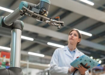A woman stares at an engineering arm of a machine in a brightly facility.