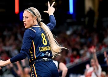 Sophie Cunningham #8 of the Indiana Fever reacts against the New York Liberty on July 18 during the first half at Gainbridge Fieldhouse in Indianapolis, Indiana.