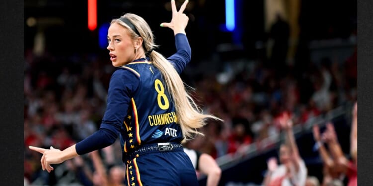 Sophie Cunningham #8 of the Indiana Fever reacts against the New York Liberty on July 18 during the first half at Gainbridge Fieldhouse in Indianapolis, Indiana.