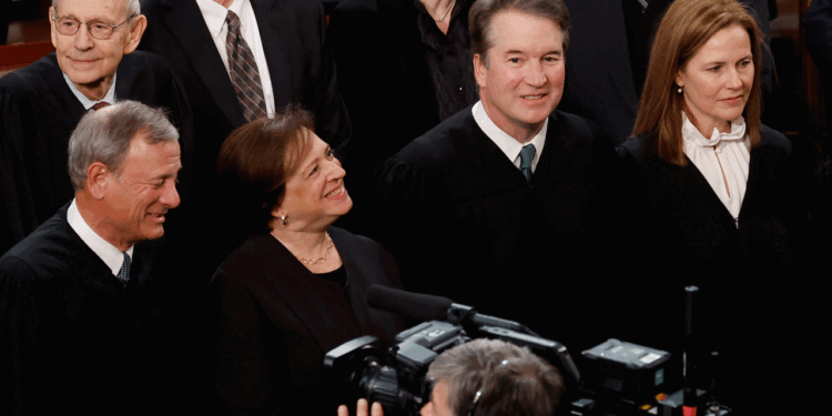 (L-R) Chief Justice John Roberts, Justice Elena Kagan, Justice Brett Kavanaugh, and Justice Amy Coney Barrett. (Chip Somodevilla/Getty Images)