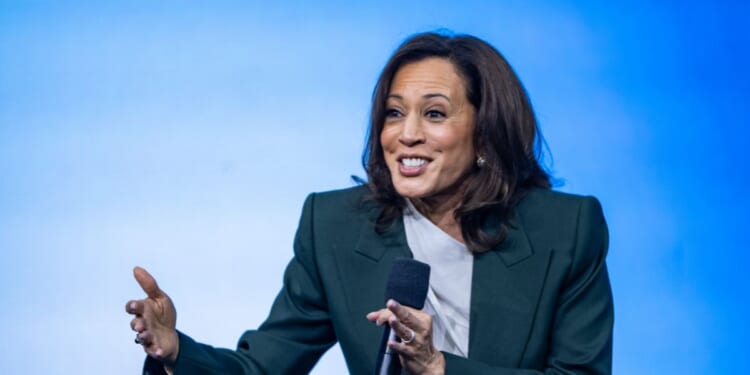 Former Vice President Kamala Harris speaks on stage during the Austrian World Summit at Hofburg Congress Center on June 16, 2026, in Vienna, Austria.
