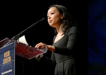 Socialist governor candidate Francesca Hong speaks on stage during Wisconsin Democrats 2026 Convention on June 14, 2026 in Madison, Wisconsin.