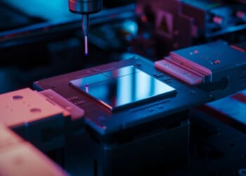 A microchip is pictured on a conveyor line.