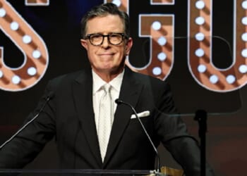 Then-CBS host Stephen Colbert is pictured in a March file photo from the Writers Guild Awards ceremony in New York City.