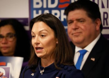 Florida Democratic Party Chair Nikki Fried speaks during a Biden-Harris 2024 campaign press conference on MAGA extremism ahead of a rally in Hialeah in support of former President Donald Trump and the third Republican Primary Debate, in Miami, Florida, on Nov. 7, 2023.