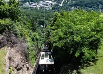 A panoramic view of The Incline on Lookout Mountain looking down into the Tennessee River Valley on June 6, 2018, in Chattanooga, Tennessee.
