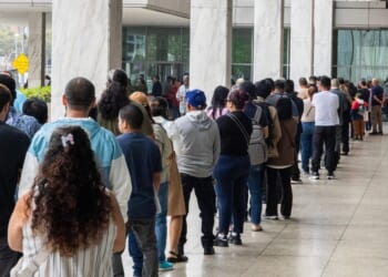 People wait in line to enter the Los Angeles Immigration Court on Wednesday, June 24, 2026.