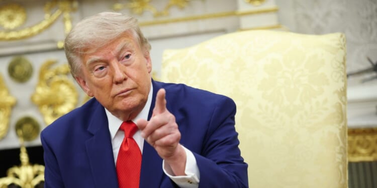 President Donald Trump takes questions from the media during a bilateral meeting with President of Lebanon Joseph Aoun in the Oval Office of the White House on July 21, 2026, in Washington, D.C.