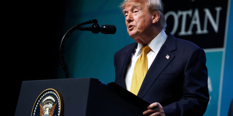 Donald Trump addresses the NATO Summit.