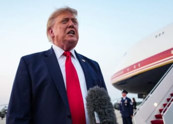 President Donald Trump speaks to reporters after landing in Air Force One on July 19, 2026, in Joint Base Andrews, Maryland.