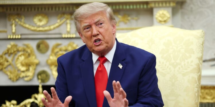 President Donald Trump speaks during a bilateral meeting with President of Lebanon Joseph Aoun in the Oval Office of the White House on July 21, 2026, in Washington, D.C.
