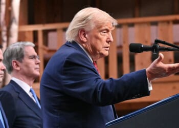 President Donald Trump gestures as he addresses the media alongside Secretary of State Marco Rubio and Secretary of Treasury Scott Bessent during a closing press conference at the G7 summit, in Evian, eastern France, on June 17, 2026.