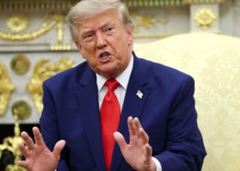 President Donald Trump speaks in the Oval Office on July 21, 2026 in discussion with the Lebanese President Joseph Aoun.
