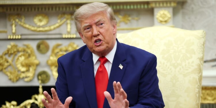 President Donald Trump speaks during a bilateral meeting with President of Lebanon Joseph Aoun in the Oval Office of the White House on July 21, 2026, in Washington, D.C.