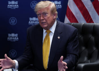 President Donald Trump speaks during a meeting with NATO Secretary General Mark Rutte (not pictured) on the sidelines of the NATO summit in Ankara, Turkey, 08 July 2026. (FILIP SINGER/Pool/REUTERS)