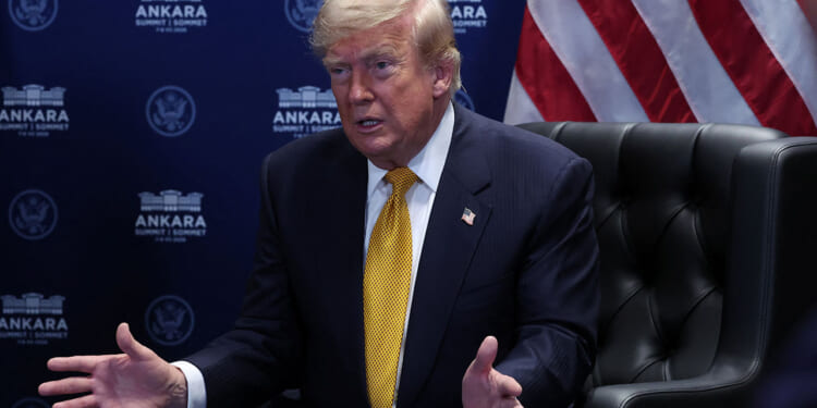 President Donald Trump speaks during a meeting with NATO Secretary General Mark Rutte (not pictured) on the sidelines of the NATO summit in Ankara, Turkey, 08 July 2026. (FILIP SINGER/Pool/REUTERS)