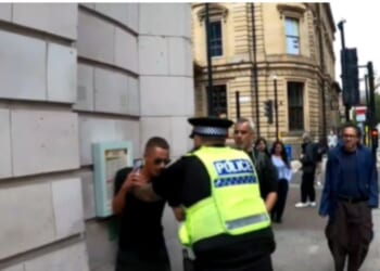 A man in Leeds, United Kingdom, is arrested after criticizing Muhammad, as shown in video footage posted to X on July 4, 2026.