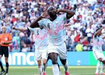 Romelu Lukaku of Belgium celebrates scoring his team's fourth goal during the FIFA World Cup 2026 Round of 16 match between USA and Belgium at Seattle Stadium on July 6, 2026, in Seattle, Washington.