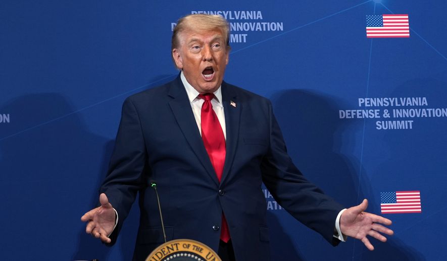 President Donald Trump speaks at the United States Army War College in Carlisle, Pa., during the Pennsylvania Defense and Innovation Summit, Wednesday, July 15, 2026. (AP Photo/Julia Demaree Nikhinson)