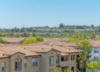 A high angle view of apartment buildings in Ladera Ranch, California.