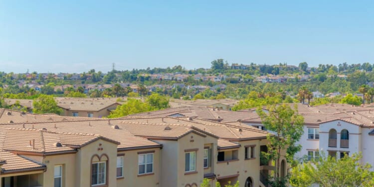 A high angle view of apartment buildings in Ladera Ranch, California.